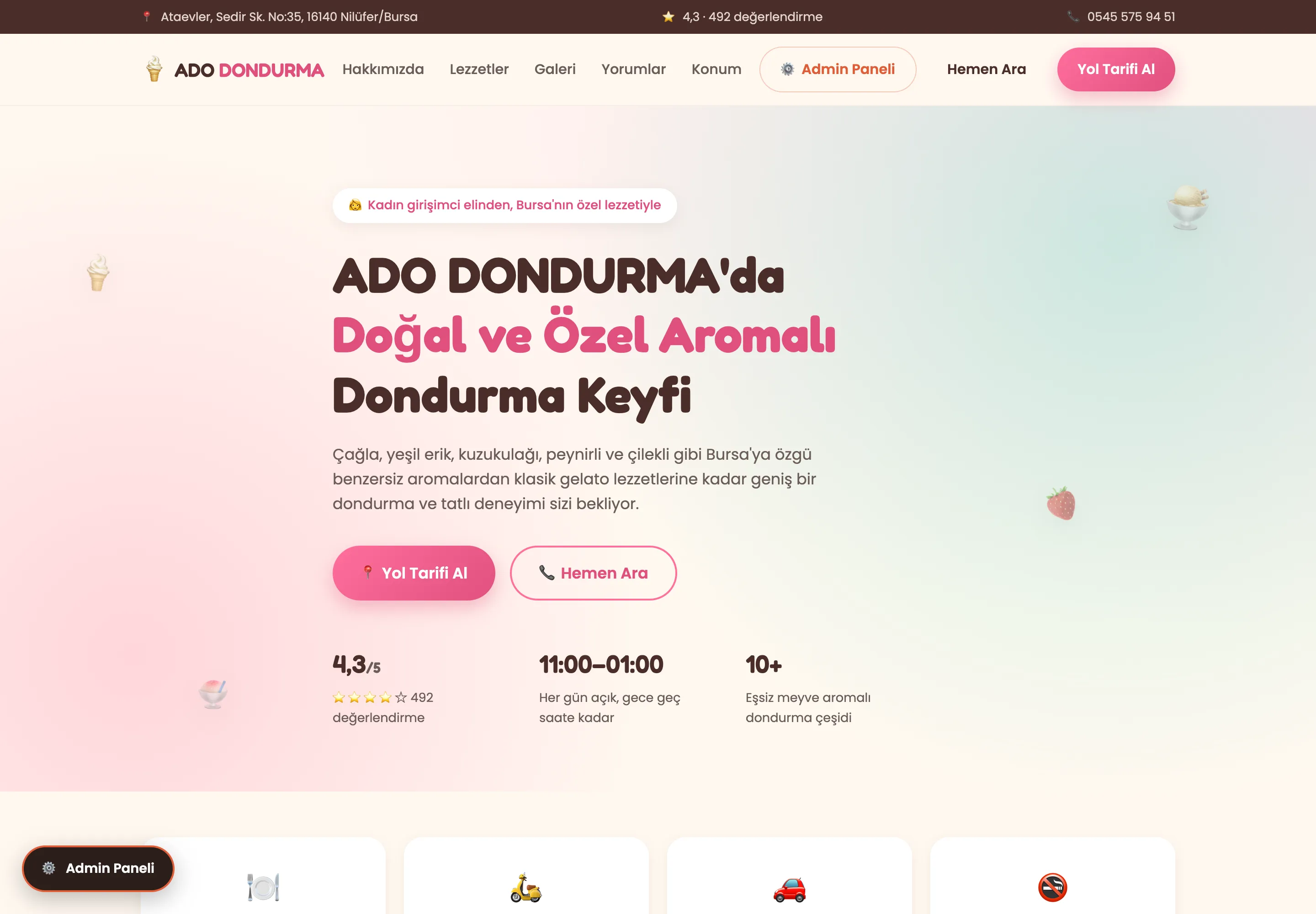 ADO Dondurma web sitesi ana sayfası