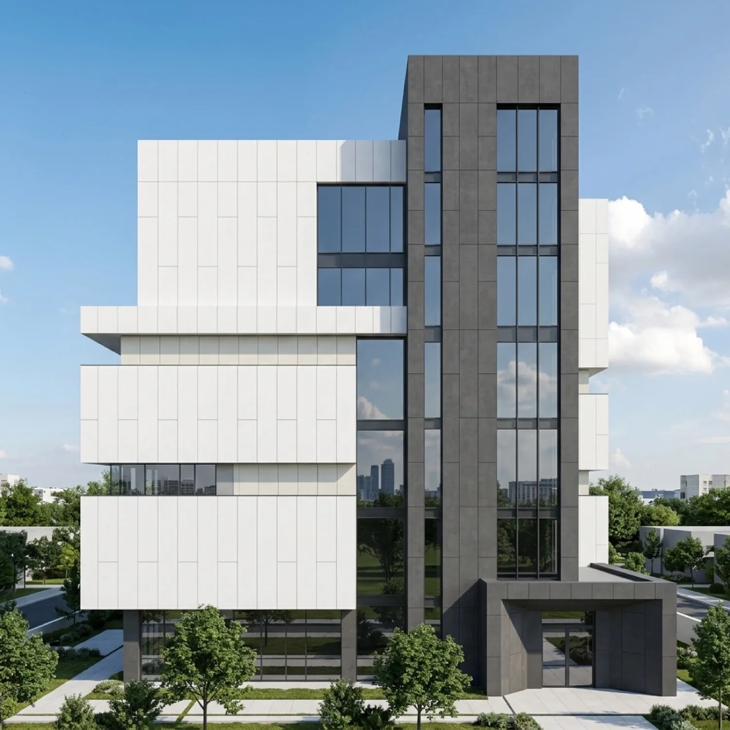 İdari bina cephesinin seramik kaplama render görüntüsü